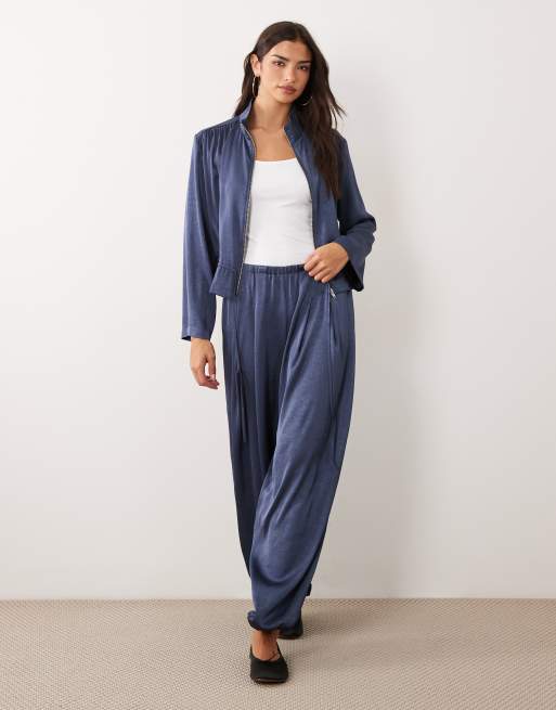 ASOS DESIGN satin zip jacket in indigo blue co-ord, 2 of 4