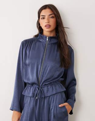 Asos Design Satin Zip Jacket In Blue