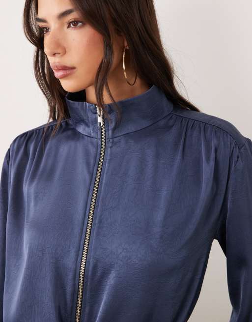 ASOS DESIGN satin zip jacket in indigo blue set, 3 of 4