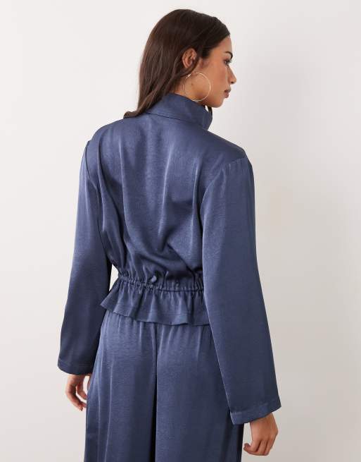 ASOS DESIGN satin zip jacket in indigo blue set, 4 of 4