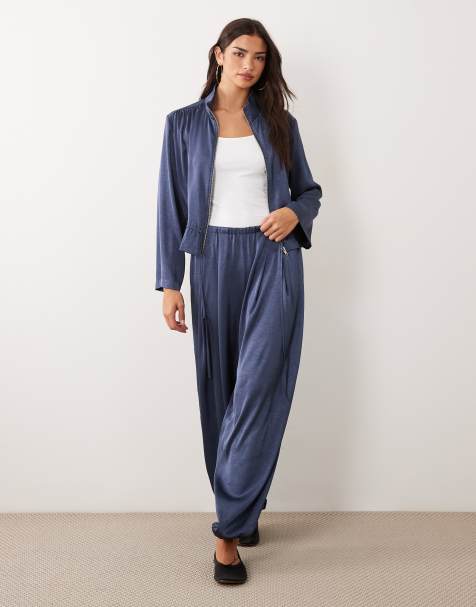 ASOS DESIGN satin zip jacket in indigo blue with trousers - view 1