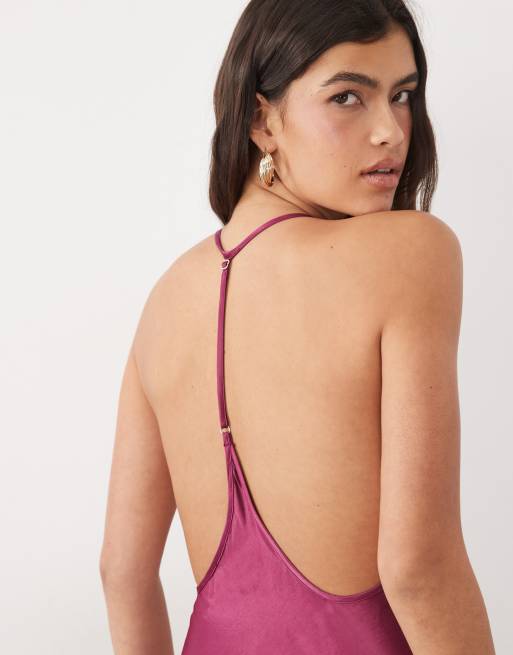 ASOS DESIGN satinklänning i maxilängd med T-rem och bar rygg i plommon, 3 av 4