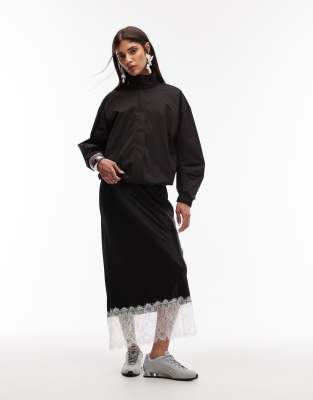 ASOS DESIGN - Satinrock in Schwarz mit farblich abgesetztem Saumdetail aus Spitze