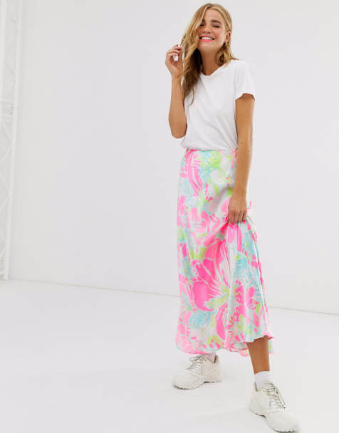 ASOS DESIGN – Satinrock mit ausgestelltem Saum und neonfarbenem Blumenmuster