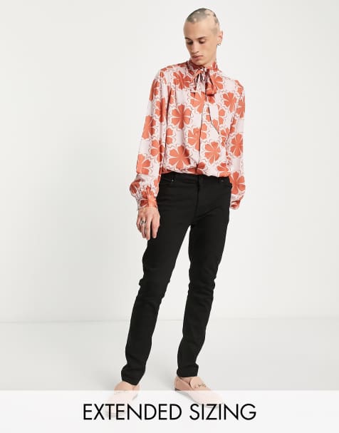 ASOS DESIGN - Satinskjorte i geometrisk 70'er-mønster med sløjfe i halsen og blouson-ærmer - view 1