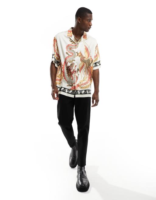 ASOS DESIGN - Satinskjorte med reverskrave og Phoenix-print i firkantet pasform, 3 af 4