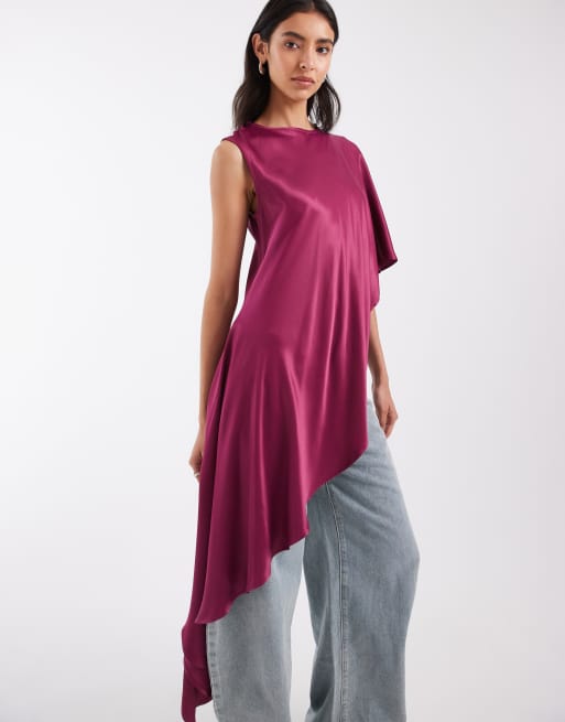 ASOS DESIGN satintop med asymmetrisk oversized cape-effekt i blomme, 2 af 4