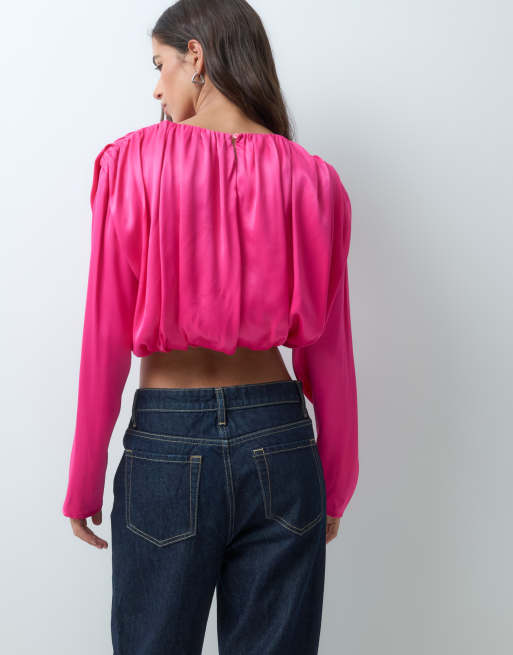 ASOS DESIGN Satintop mit langen Ärmeln und Ballonsaum in Himbeerrot, 5 von 5