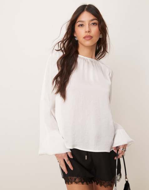 ASOS DESIGN satin volume sleeve blouse in ivory