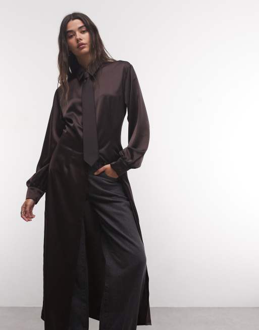 ASOS DESIGN satynowa długa koszula w kolorze czekoladowego brązu, 3 z 4