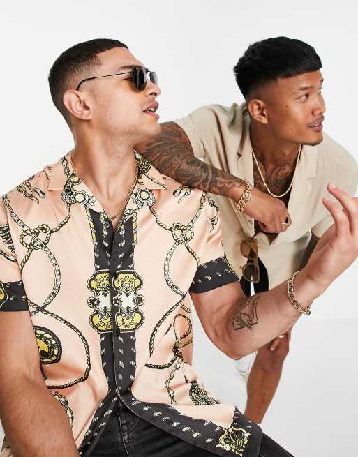 ASOS DESIGN – Satynowa koszula o luźnym kroju z kołnierzykiem kubańskim i biżuteryjnym wzorem