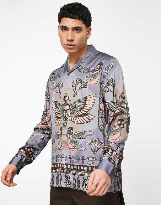 ASOS DESIGN – Satynowa koszula o luźnym kroju z kołnierzykiem kubańskim we wzór w symbole