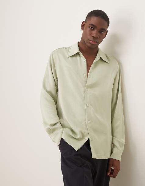 ASOS DESIGN – Satynowa koszula z kołnierzem o dopasowanym kroju w stylu lat 70. w kolorze khaki - view 1