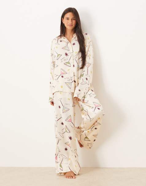 ASOS DESIGN – Satynowa piżama z koszulą oversize i spodniami w koktajlowy wzór - view 1