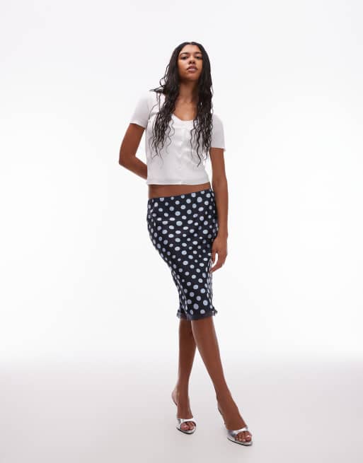 ASOS DESIGN – Satynowa spódnica midi cięta ze skosu w groszki z koronkowym obszyciem
