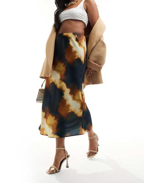 ASOS DESIGN – Satynowa spódnica midi ze skosu w abstrakcyjny wzór w panterkę - view 1