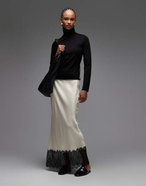 ASOS DESIGN satin lace trim bias midi skirt in ecru