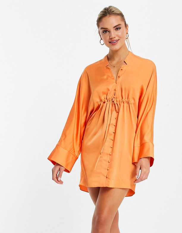  Nowe Wydanie ASOS DESIGN – Satynowa sukienka koszulowa mini oversize z marszczonym przodem Pomarańczowy
