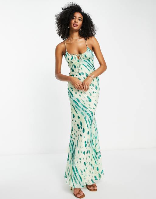 ASOS DESIGN – Satynowa sukienka maxi cięta ze skosu na ramiączkach z dekoltem U i abstrakcyjnym wzorem w panterkę