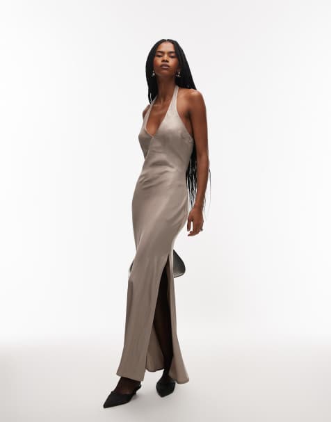 ASOS DESIGN – Satynowa sukienka maxi cięta ze skosu z dekoltem halter w kolorze mokki - view 1