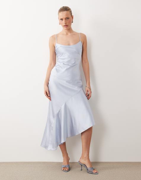 ASOS DESIGN satynowa sukienka maxi na ramiączkach z asymetrycznym dołem w kolorze lodowego błękitu - view 1