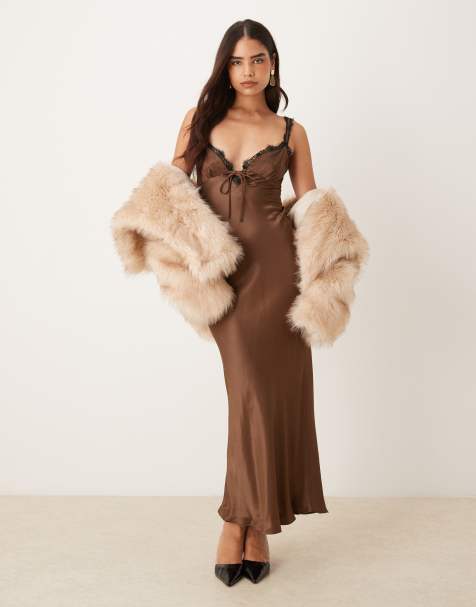 ASOS DESIGN lace trim satin slip maxi dress in chocolate