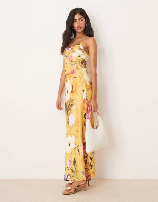 ASOS DESIGN – Satynowa sukienka maxi na ramiączkach z przeszyciami na biuście w tropikalny kwiatowy wzór