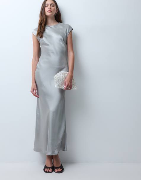 ASOS DESIGN satynowa sukienka maxi o kroju kolumnowym z krótkimi rękawkami w kolorze srebrnym - view 1