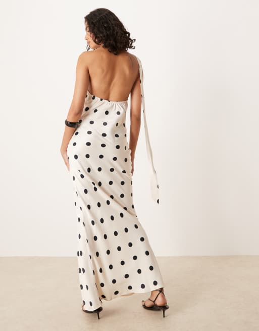 ASOS DESIGN satin scarf corsage maxi dress in polka dot print