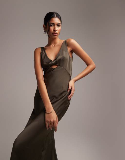 ASOS DESIGN – Satynowa sukienka maxi w kolorze leśnej zieleni ze skrzyżowaną wstawką z przodu