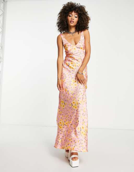 ASOS DESIGN – Satynowa sukienka maxi w żółte kwiaty, na ramiączkach, cięta ze skosu 