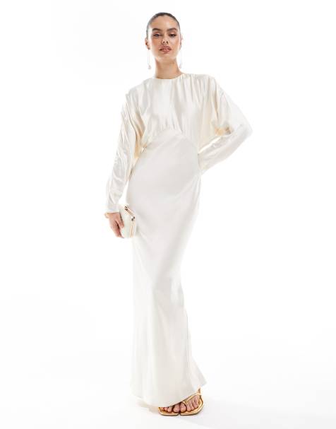 ASOS DESIGN – Satynowa sukienka maxi z nietoperzowymi rękawami w ostrygowym kolorze - view 1