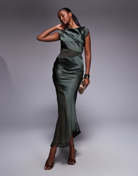 ASOS DESIGN – Satynowa sukienka midi w kolorze khaki z krótkimi rękawkami i prześwitującymi szyfonowymi wstawkami - view 1