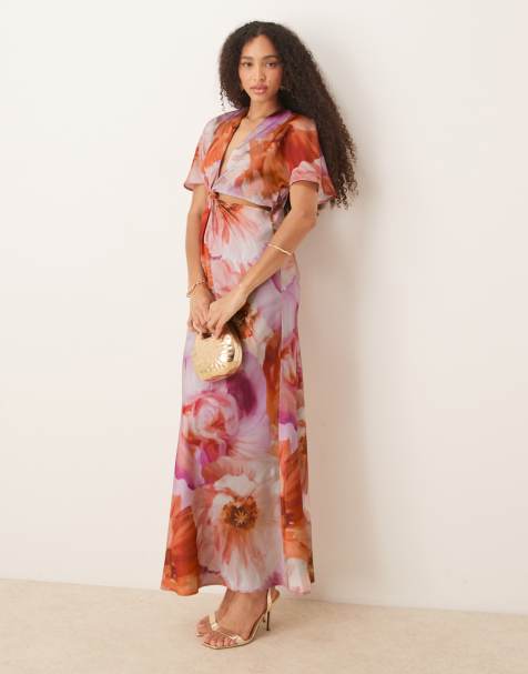 ASOS DESIGN – Satynowa sukienka midi z węzłem i wycięciami w różowo-pomarańczowy kwiatowy wzór - view 1
