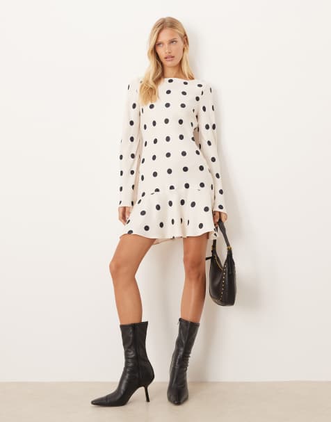 ASOS DESIGN – Satynowa sukienka mini w groszki z rozszerzanymi rękawami i obniżoną talią - view 1