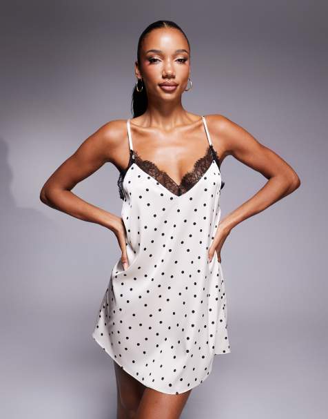 ASOS DESIGN – Satynowa sukienka na ramiączkach w groszki z koronką - view 1