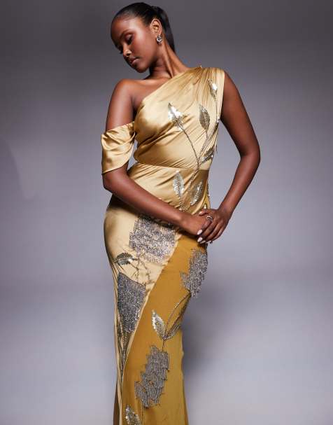 ASOS DESIGN floral embellished chiffon satin mix maxi dress in ochre