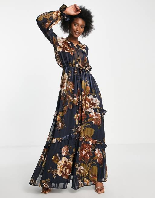 ASOS DESIGN – Satynowa warstwowa sukienka maxi z wiązaniem z przody w kwiatowy wzór