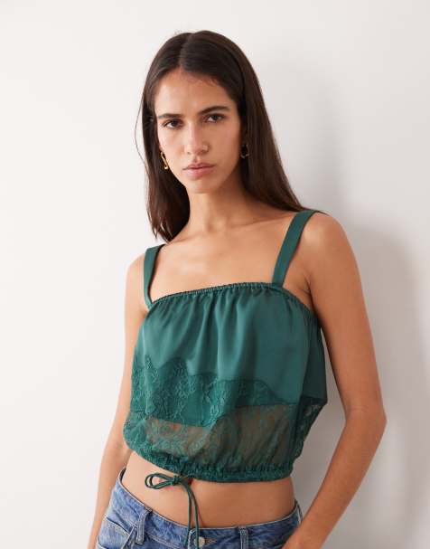 ASOS DESIGN satynowy krótki top na ramiączkach z koronkową wstawką i wiązaniem w talii w kolorze teal - view 1