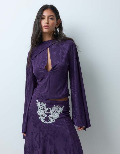 ASOS DESIGN satynowy top devore z długim rękawem i drapowaniem w kolorze śliwkowym - view 1