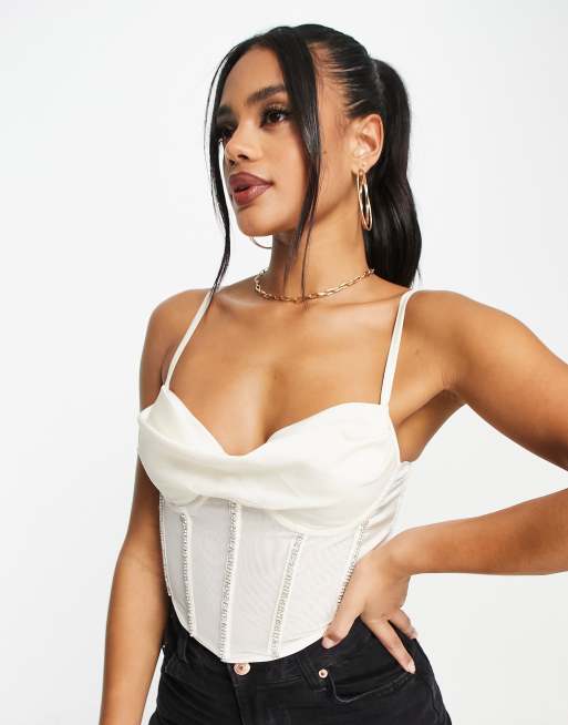 ASOS DESIGN – Satynowy top gorsetowy ze stretchem w kolorze kości słoniowej ze wstawkami ze strasów