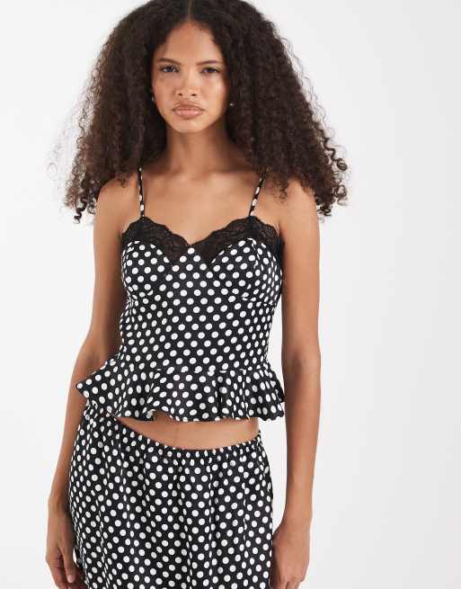 ASOS DESIGN – Satynowy top w groszki z baskinką i koronkowym wykończeniem, część zestawu, 3 z 3