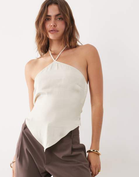 ASOS DESIGN – Satynowy top z dekoltem halter w kolorze ecru, część zestawu - view 1