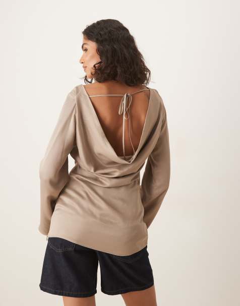 ASOS DESIGN satin cowl back angel sleeve top in mocha
