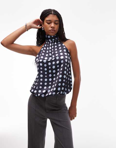 ASOS DESIGN satin high neck bubble hem top in polka dot