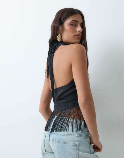 ASOS DESIGN satynowy top ze szalem, czarny żakard, 4 z 5