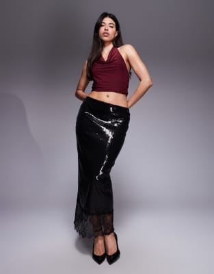 ASOS DESIGN - Säulenrock in Schwarz mit Pailletten, Spitzenbesatz und mittelhohem Bund