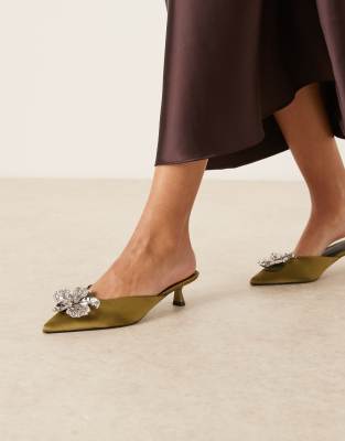 Asos Design Savvy Flower Detail Mid Heel Mules In Green