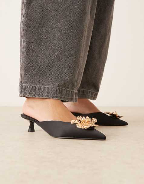ASOS DESIGN - Savvy - Mules à talon mi-haut et détail fleur - Noir satiné - view 1