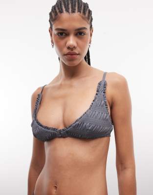Asos Design Sawyer Smocked High Apex Triangle Bikini Top In Gray
